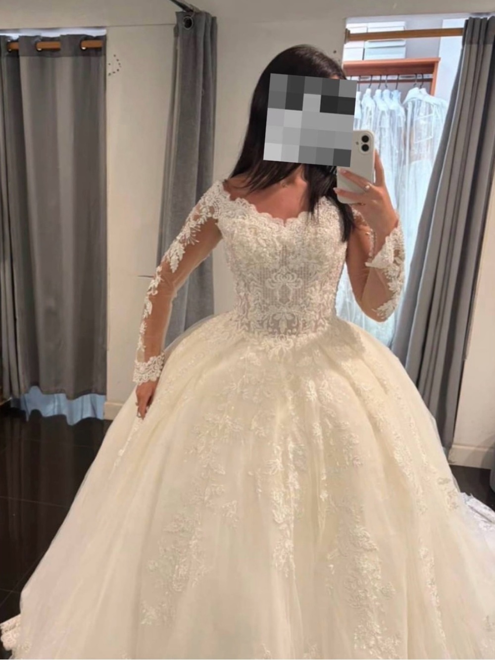 Elegant White Lace Ball Gown Wedding Dress with Long Sleeves And Long Train